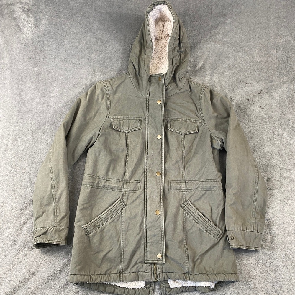 Sebby Utility Parka Jacket Women M Olive Green Sherpa Lined Military Hood ST2118